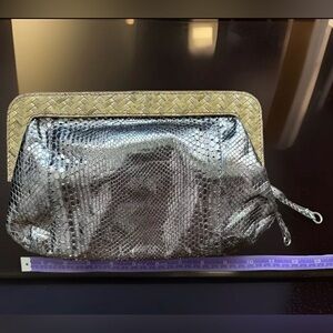 J.CREW Unique Silver Embossed Leather. Woven Rattan. Clutch Purse. Evening Bag.